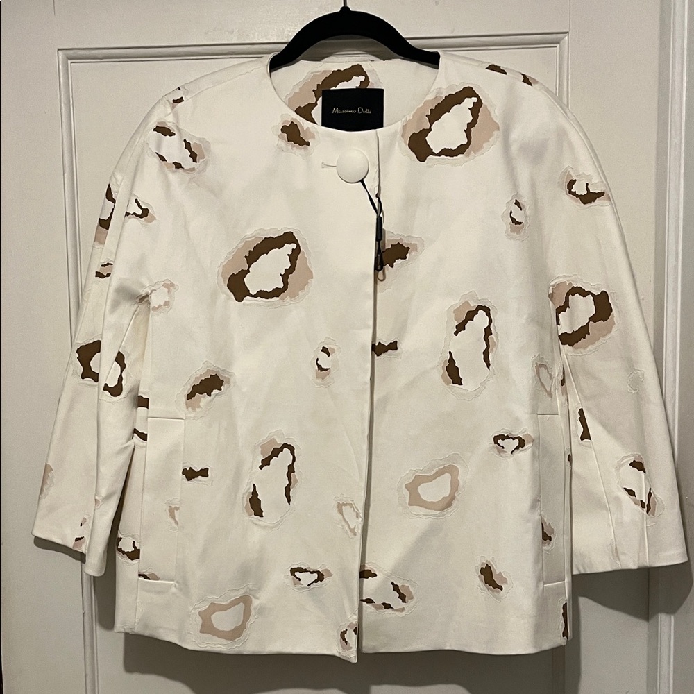 Massimo Dutti Women's Patterned Cream and Brown Blazer
